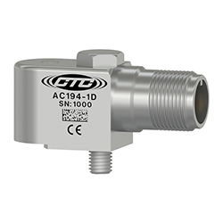 A render of a CTC AC194 stainless steel, compact size, side exit industrial vibration sensor.
